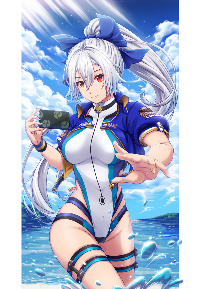 1girl absurdres blue_bow blue_jacket blue_sky blue_swimsuit border bow breasts cellphone clouds competition_swimsuit cropped_jacket day fate/grand_order fate_(series) hair_between_eyes hair_bow highleg highleg_swimsuit highres holding holding_phone hotaru_kiyo jacket large_breasts long_hair mitsudomoe_(shape) one-piece_swimsuit partially_submerged phone ponytail red_eyes short_sleeves silver_hair sky slit_pupils smartphone solo striped_wristband sunlight swimsuit thigh_strap tomoe_(symbol) tomoe_gozen_(fate/grand_order) tomoe_gozen_(swimsuit_saber)_(fate) two-tone_swimsuit very_long_hair water white_border white_swimsuit