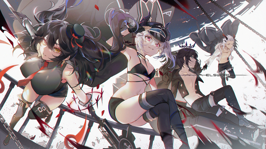 2boys 2girls ara_haan arm_up armpits bare_shoulders bikini bikini_top black_bikini black_choker black_coat black_dress black_footwear black_gloves black_hair black_headwear black_legwear black_pants black_shorts boots breasts chain choker ciel_(elsword) coat collared_shirt covered_nipples crossed_legs crown demon_girl demon_horns dress elsword eyeshadow fingerless_gloves gloves hat highres holding holding_spear holding_weapon horns jacket large_breasts long_hair looking_at_viewer luciela_r._sourcream machi_(7769) makeup micro_shorts midriff mini_hat multiple_boys multiple_girls navel necktie open_clothes open_jacket outstretched_arms pants parted_lips peaked_cap polearm raven_cronwell red_eyes salute shirt short_dress short_hair shorts sleeveless sleeveless_dress small_breasts smile spear stomach swimsuit thigh-highs thigh_boots thighs top_hat twintails weapon white_hair white_jacket yellow_eyes
