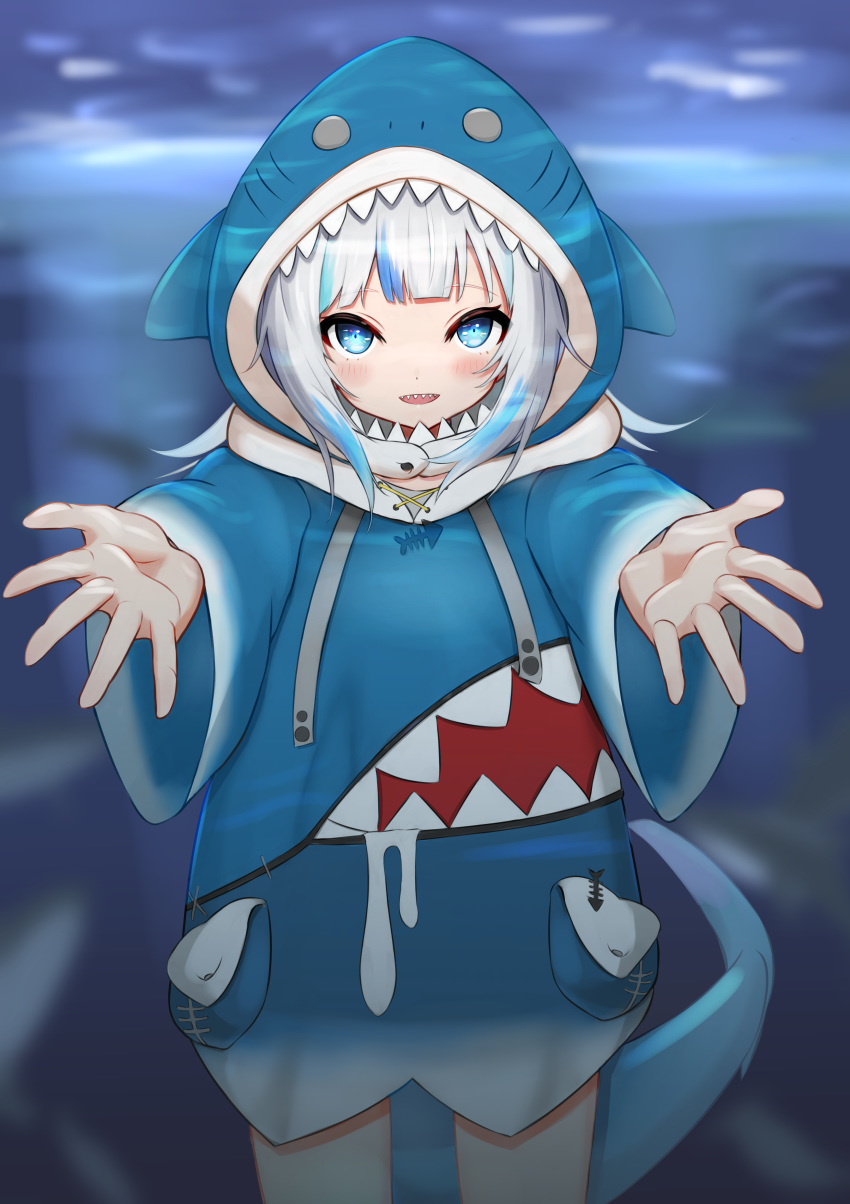 1girl absurdres animal_hood appo_(36786257) bangs blue_eyes blue_hair blue_hoodie blunt_bangs blush commentary cowboy_shot gawr_gura highres hololive hololive_english hood hood_up hoodie long_sleeves looking_at_viewer multicolored_hair open_mouth outstretched_arms shark_hood shark_tail sharp_teeth short_hair silver_hair smile solo streaked_hair tail teeth virtual_youtuber white_hair