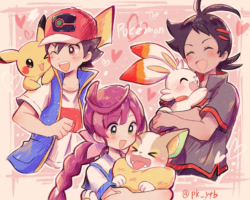 1girl 2boys :d antenna_hair artist_name ash_ketchum baseball_cap blush chloe_(pokemon) closed_eyes collarbone commentary copyright_name eyelashes gen_1_pokemon gen_8_pokemon goh_(pokemon) green_eyes hat heart highres holding holding_pokemon hug jacket looking_down multiple_boys on_shoulder one_eye_closed open_mouth pikachu pokemon pokemon_(anime) pokemon_(creature) pokemon_on_shoulder pokemon_swsh_(anime) ponytail redhead scorbunny shirt short_sleeves smile teeth tied_hair tongue white_shirt yamper yataba_(pk_ytb)