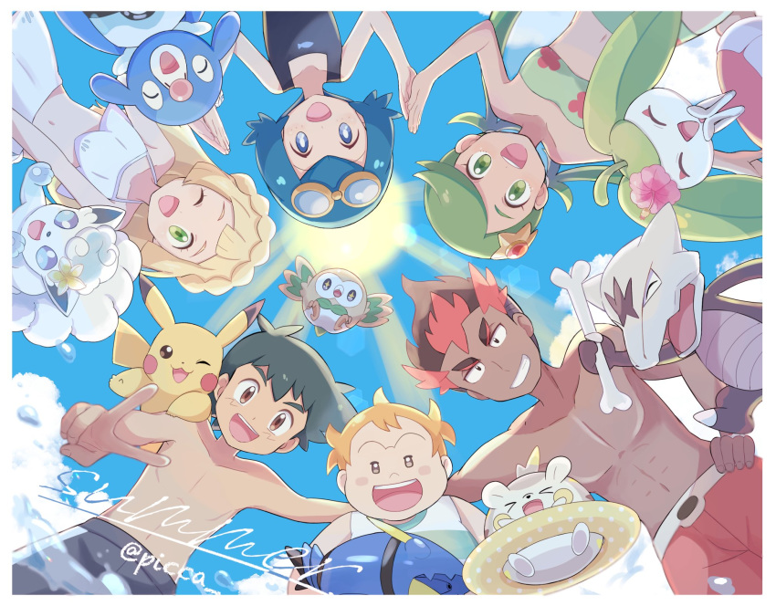 3boys 3girls ;d alolan_form alolan_marowak alolan_vulpix ash_ketchum bangs blonde_hair blue_eyes blue_hair bone brown_hair clawitzer clouds day from_below gen_1_pokemon gen_6_pokemon gen_7_pokemon goggles goggles_on_head highres holding_hands kiawe_(pokemon) lana_(pokemon) lillie_(pokemon) long_hair looking_at_viewer mallow_(pokemon) mei_(maysroom) multiple_boys multiple_girls on_shoulder one-piece_swimsuit one_eye_closed open_mouth orange_hair outdoors pikachu pokemon pokemon_(anime) pokemon_(creature) pokemon_on_shoulder pokemon_sm_(anime) popplio redhead rowlet shirtless short_hair shorts sky smile sophocles_(pokemon) starfish_hair_ornament staryu steenee sun swimsuit symbol_commentary teeth togedemaru tongue twintails v white_swimsuit