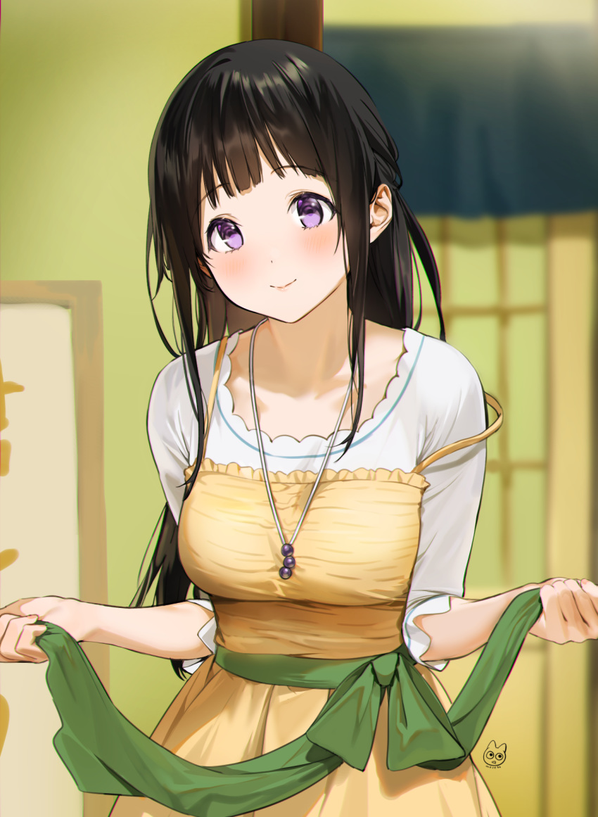 1girl alternate_costume artist_logo bangs black_hair blouse blunt_bangs blurry blush breasts brown_hair chitanda_eru closed_mouth commentary_request cowboy_shot depth_of_field door dress green_ribbon highres hyouka indoors jewelry long_hair looking_at_viewer mery_(yangmalgage) necklace ribbon signature sleeves_past_elbows smile solo violet_eyes white_blouse yellow_dress