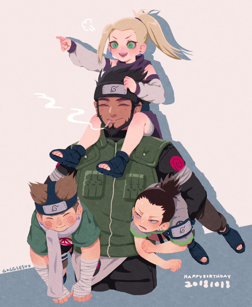 1girl 3boys absurdres akimichi_chouji artist_name black_hair blonde_hair brown_eyes brown_hair carrying cigarette closed_eyes dated english_commentary gogglesyo green_eyes happy_birthday highres huge_filesize long_hair multiple_boys nara_shikamaru naruto naruto_(series) pointing ponytail sarutobi_asuma shoulder_carry smoking yamanaka_ino