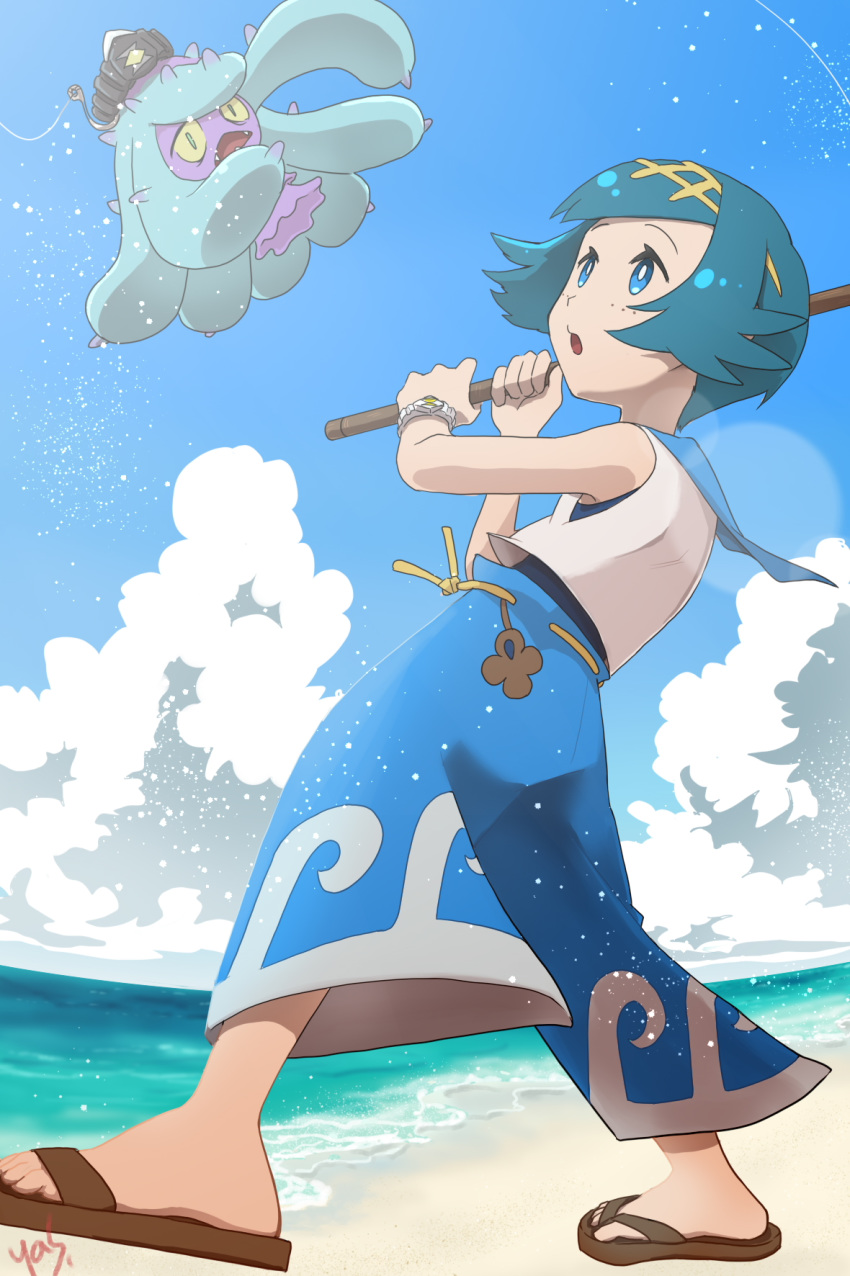 1girl aqua_hair blue_eyes blue_hair blue_pants clouds commentary_request fishing_rod gen_7_pokemon hairband highres holding holding_fishing_rod lana_(pokemon) looking_up mareanie open_mouth outdoors pants pokemon pokemon_(game) pokemon_sm sand sandals shirt shore short_hair signature sky sleeveless swimsuit swimsuit_under_clothes tongue trial_captain water yas9_9