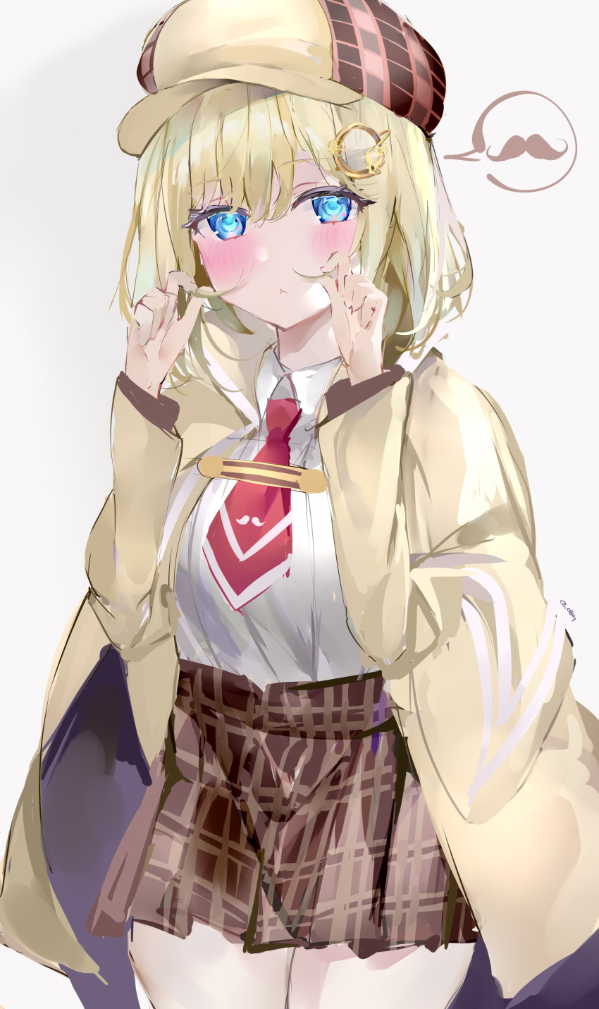 1girl :&lt; absurdres bangs blonde_hair blue_eyes blush breasts capelet collared_shirt deerstalker detective facial_hair hair_between_eyes hair_ornament hat highres holding holding_hair hololive hololive_english long_sleeves looking_at_viewer medium_breasts medium_hair mile_(off8mile) monocle_hair_ornament mustache necktie plaid plaid_skirt red_neckwear shirt simple_background skirt solo speech_bubble virtual_youtuber watson_amelia white_shirt