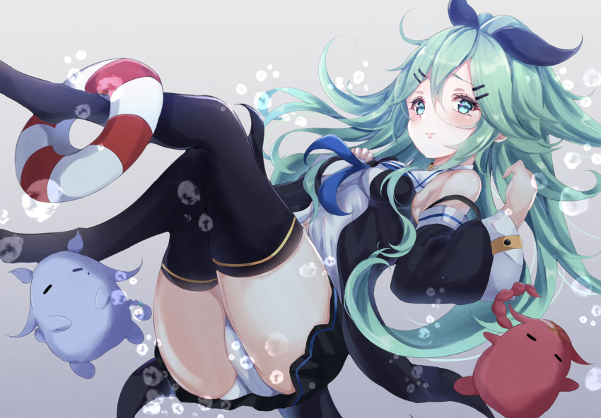 1girl animalization bangs black_legwear black_ribbon black_serafuku black_skirt creature detached_sleeves green_eyes green_hair hair_between_eyes hair_ornament hair_ribbon hairclip highres kantai_collection kawakaze_(kantai_collection) lifebuoy long_hair neckerchief panties parted_bangs pleated_skirt ponytail ribbon sa-ya2 school_uniform serafuku sidelocks skirt solo thigh-highs umikaze_(kantai_collection) underwater underwear white_panties yamakaze_(kantai_collection)