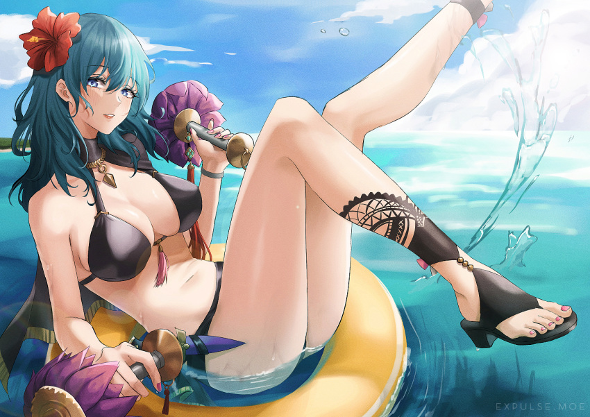 1girl aqua_hair bangs bare_arms bare_legs bare_shoulders bikini black_bikini black_footwear blue_eyes blue_sky breasts byleth_(fire_emblem) byleth_eisner_(female) clouds commentary day expulse feet_out_of_frame fire_emblem fire_emblem:_three_houses fire_emblem_heroes flower hair_between_eyes hair_flower hair_ornament hibiscus holding innertube knee_up large_breasts leg_up long_hair looking_at_viewer nail_polish navel parted_lips purple_nails red_flower sandals single_sandal sitting sky solo stomach swimsuit thighs toenail_polish water