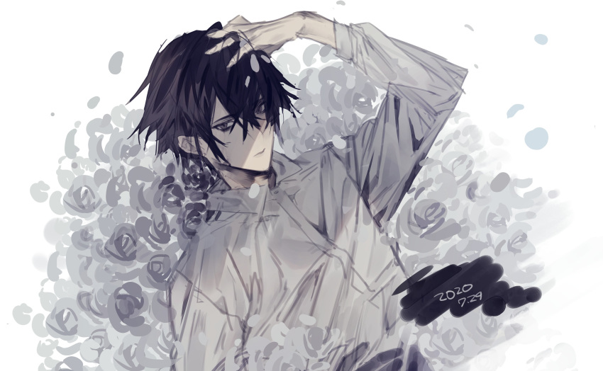 1boy absurdres arm_up black_hair closed_mouth dated fingernails flower grey_eyes grey_flower grey_rose hair_between_eyes hand_on_own_head highres looking_at_viewer male_focus mayutsuba_mono nero_(mayutsuba_mono) original petals rose solo upper_body