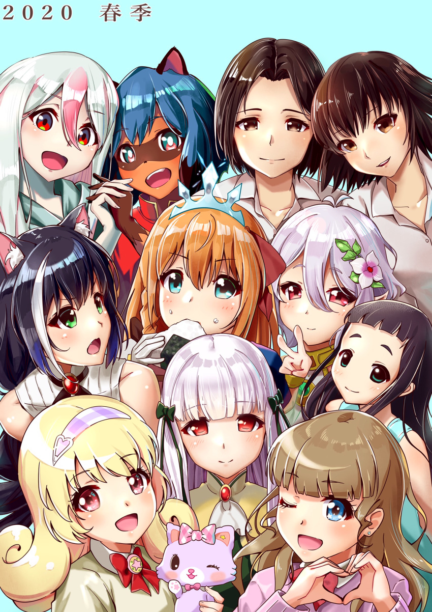 6+girls :d ;d animal_ears bangs black_hair blue_background blue_dress blue_eyes blunt_bangs blush bow brand_new_animal brooch brown_eyes cat cat_ears child dated dress eating flower food goto_hime green_bow green_eyes hair_bow hair_flower hair_ornament heart heart_hands highres hinata_yume hiwatashi_nazuna holding_hands interlocked_fingers jewelry kagemori_michiru kakushigoto karyl_(princess_connect!) kokkoro_(princess_connect!) long_hair long_sleeves looking_at_viewer mew_(mewkledreamy) mewkledreamy morinome_shinako multicolored_hair multiple_girls nonaka_haru one_eye_closed onigiri open_mouth otome_game_no_hametsu_flag_shika_nai_akuyaku_reijou_ni_tensei_shite_shimatta pecorine_(princess_connect!) pink_eyes princess_connect! princess_connect!_re:dive raccoon_girl red_bow season_connection short_hair silver_hair smile sophia_ascart streaked_hair tarou_(user_tpmh7442) tiara tsukishima_maira two-tone_hair v white_hair yesterday_wo_utatte