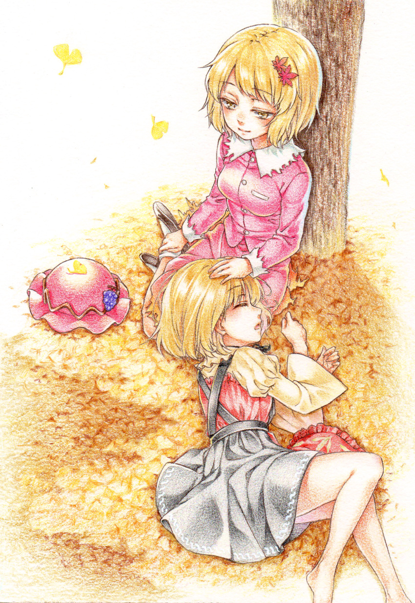 2girls aki_minoriko aki_shizuha ankle_socks autumn_leaves blonde_hair breasts closed_eyes collared_shirt colored_pencil_(medium) feet_out_of_frame food from_above fruit grapes hair_ornament headwear_removed highres juliet_sleeves lap_pillow leaf leaf_hair_ornament leaf_on_head long_sleeves maple_leaf medium_breasts multiple_girls nora_wanko open_mouth puffy_sleeves shirt shoes short_hair siblings sisters skirt skirt_set sleeping sleeping_on_person smile suspender_skirt suspenders touhou traditional_media wide_sleeves yellow_eyes