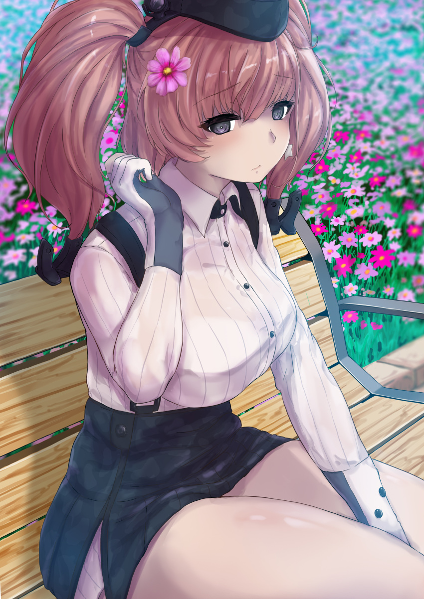 1girl absurdres anchor_hair_ornament atlanta_(kantai_collection) bench black_headwear black_skirt breasts brown_hair day dress_shirt earrings flower flower_bed garrison_cap gloves grey_eyes hair_flower hair_ornament hat high-waist_skirt highres jewelry kantai_collection large_breasts long_hair long_sleeves outdoors park_bench partly_fingerless_gloves purple_flower shirt single_earring sitting skirt solo star_(symbol) star_earrings suspender_skirt suspenders two_side_up white_gloves white_shirt yamataka