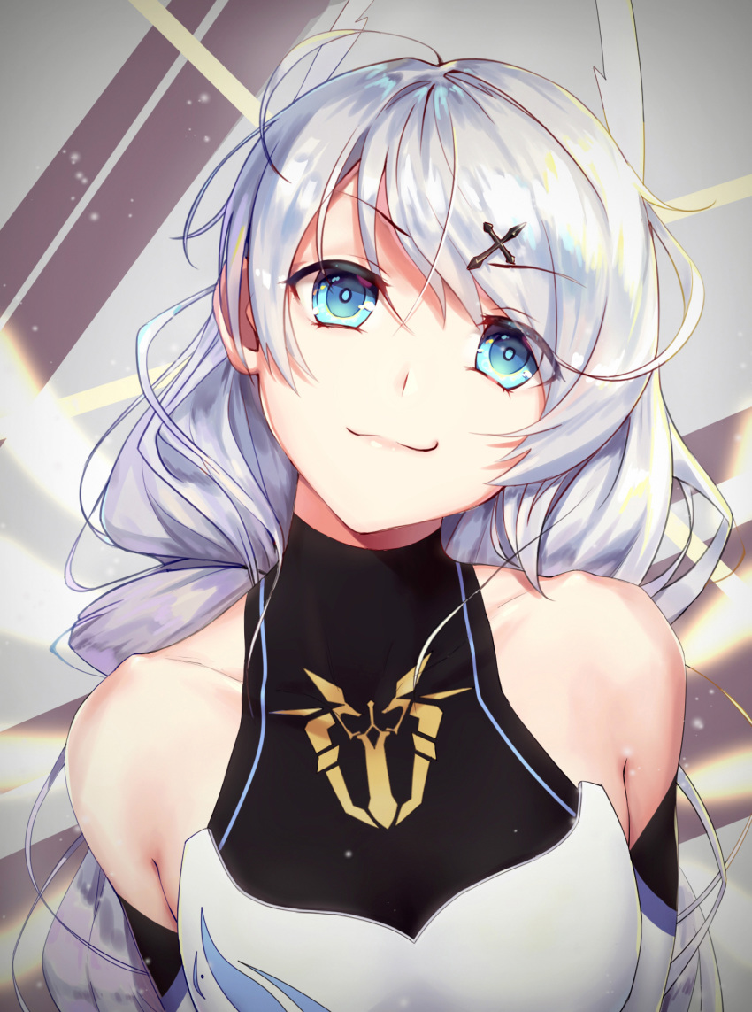 1girl :3 ahoge bangs bare_shoulders blue_eyes braid breasts closed_mouth commentary_request cross_hair_ornament doyagao energy_wings eyebrows_visible_through_hair hair_between_eyes hair_ornament halterneck hei_huo_chong highres honkai_(series) honkai_impact_3rd kiana_kaslana kiana_kaslana_(knight_moonbeam) long_hair looking_at_viewer medium_breasts photoshop_(medium) revision shiny shiny_hair short_jumpsuit silver_hair smile smug solo tsurime twin_braids upper_body very_long_hair