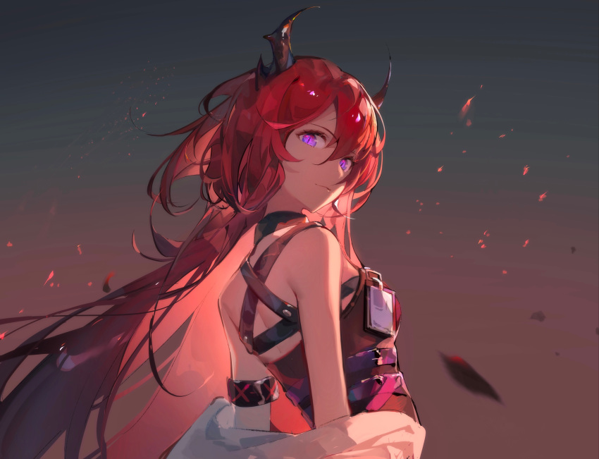 1girl arknights armband bangs bare_shoulders breasts choker demon_horns embers hair_between_eyes highres horns id_card kagura_tohru long_hair looking_at_viewer medium_breasts multiple_straps off_shoulder redhead slit_pupils smile solo surtr_(arknights) upper_body very_long_hair violet_eyes