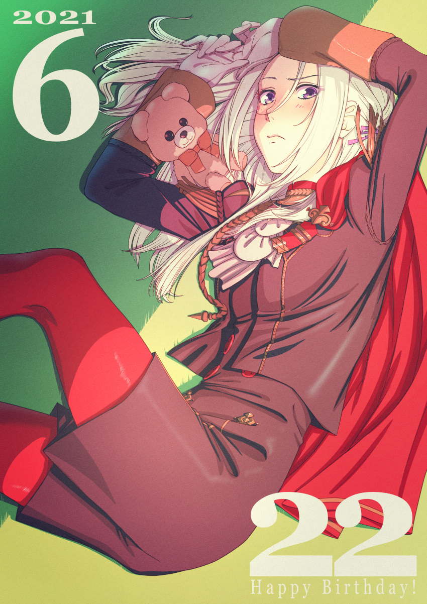 1girl 2021 absurdres aduti_momoyama arms_up buttons cape closed_mouth edelgard_von_hresvelg eyelashes eyes_visible_through_hair fire_emblem fire_emblem:_three_houses frown garreg_mach_monastery_uniform gloves hair_ribbon happy_birthday highres long_sleeves looking_at_viewer lying on_side pantyhose purple_ribbon red_cape red_pantyhose ribbon stuffed_animal stuffed_toy teddy_bear turtleneck uniform violet_eyes white_gloves white_hair