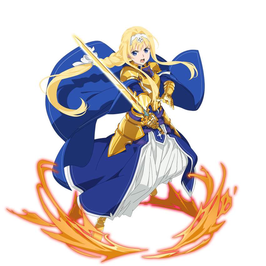1girl alice_zuberg armor armored_boots armored_dress bangs blonde_hair blue_cape blue_dress blue_eyes boots bow braid braided_ponytail breastplate cape dress faulds floating_hair full_body gauntlets hair_bow hair_intakes hairband highres holding holding_sword holding_weapon long_dress long_hair looking_at_viewer official_art open_mouth osmanthus_blade ponytail sidelocks solo sword sword_art_online sword_art_online:_code_register transparent_background very_long_hair weapon white_bow white_hairband yellow_footwear
