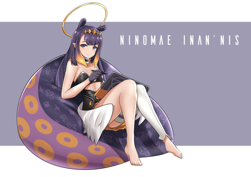 1girl altronage black_hair blue_eyes breasts character_name drawing_tablet english_commentary halo highres holding holding_pen hololive hololive_english long_hair looking_to_the_side ninomae_ina'nis pen pointy_ears sitting small_breasts solo tentacles