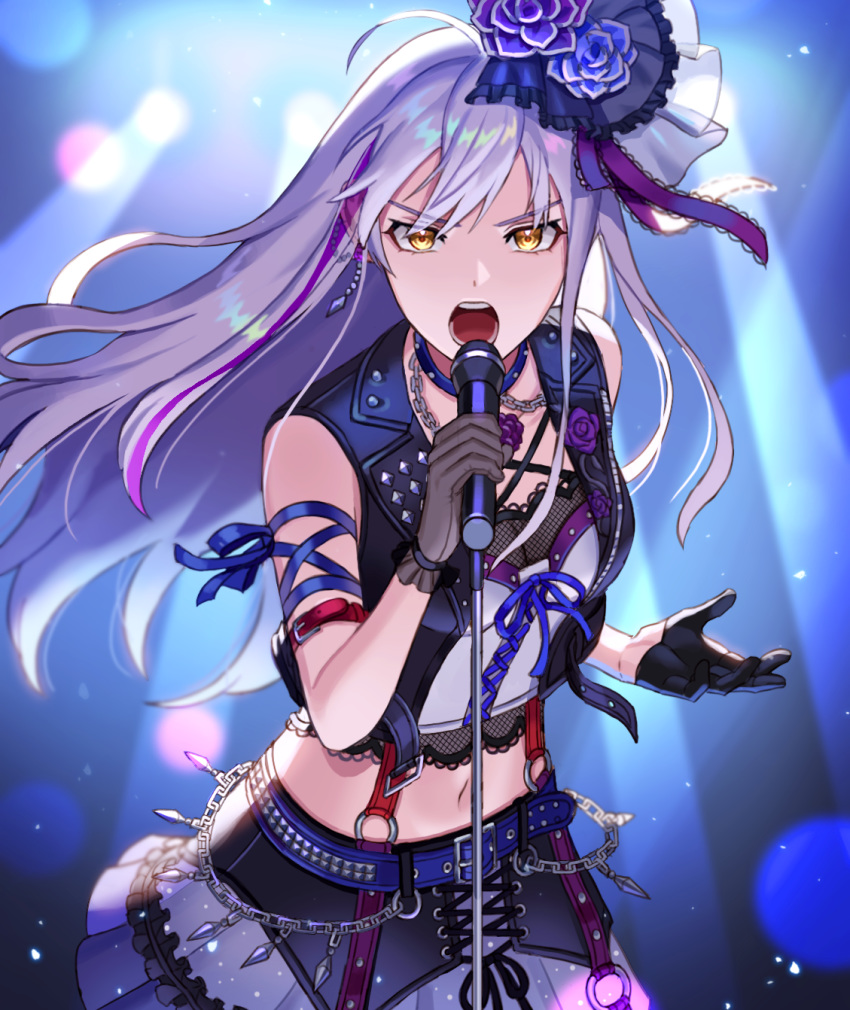 1girl answer_(l_c123) bang_dream! belt belt_buckle black_gloves breasts buckle chain commentary_request cross-laced_clothes cross-laced_skirt cross-laced_top flower gloves hair_flower hair_ornament hair_ribbon highres holding holding_microphone light_purple_hair looking_at_viewer microphone midriff minato_yukina navel open_mouth ribbon roselia_(bang_dream!) serious sleeveless sleeveless_jacket small_breasts solo yellow_eyes