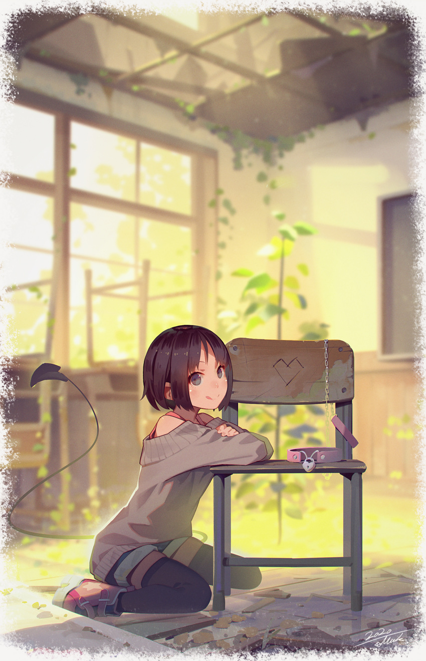 1girl :q absurdres black_legwear brown_hair chair classroom closed_mouth dated demon_tail grey_eyes grey_sweater highres indoors muk_(monsieur) original pink_footwear shoes short_hair signature sitting sitting_on_floor smile solo sweater tail thigh-highs tongue tongue_out