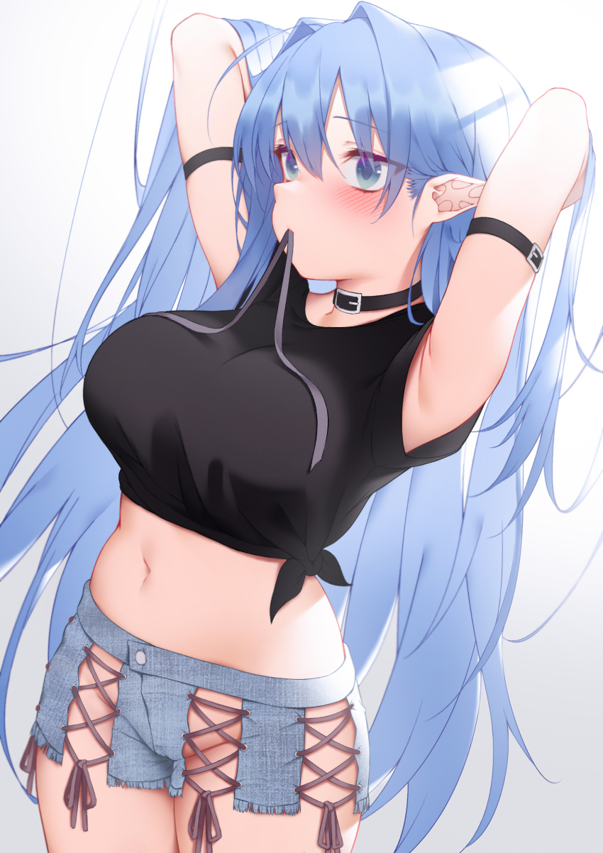 1girl ahoge arm_strap armpits arms_behind_head arms_up black_choker black_shirt blue_eyes blue_hair blue_shorts breasts choker cowboy_shot crop_top denim denim_shorts groin hair_intakes hair_tie_in_mouth highres large_breasts long_hair midriff mouth_hold navel no_panties original pointy_ears shirt short_sleeves shorts simple_background solo stomach tied_shirt very_long_hair white_background zhaofeng_yinyue