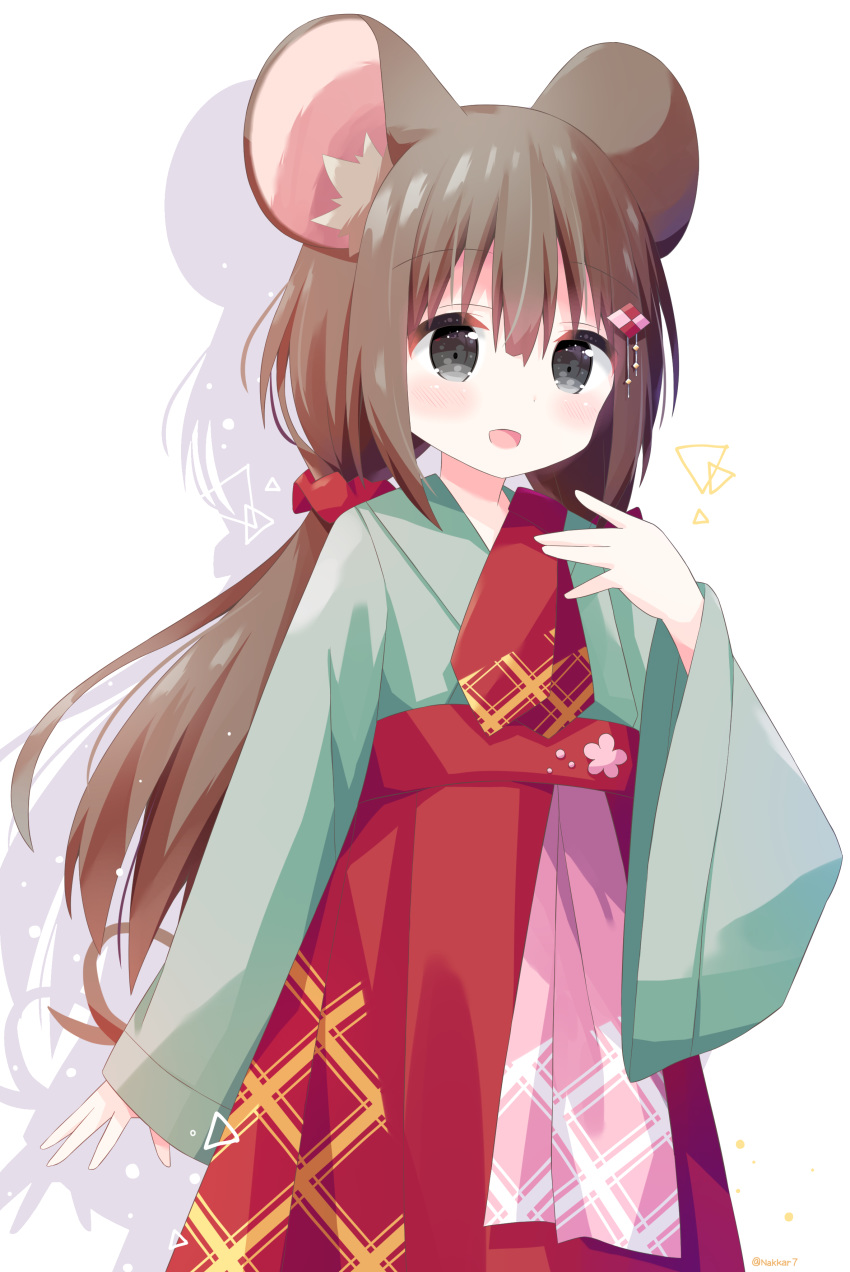 1girl :d absurdres animal_ear_fluff animal_ears bangs blush brown_hair commentary_request drop_shadow eyebrows_visible_through_hair green_kimono grey_eyes hair_between_eyes hair_ornament hair_scrunchie hakama hand_up highres japanese_clothes kimono long_hair long_sleeves low_twintails mouse_ears mouse_girl mouse_tail nakkar open_mouth original red_hakama red_scrunchie scrunchie sleeves_past_wrists smile solo standing tail twintails very_long_hair white_background wide_sleeves