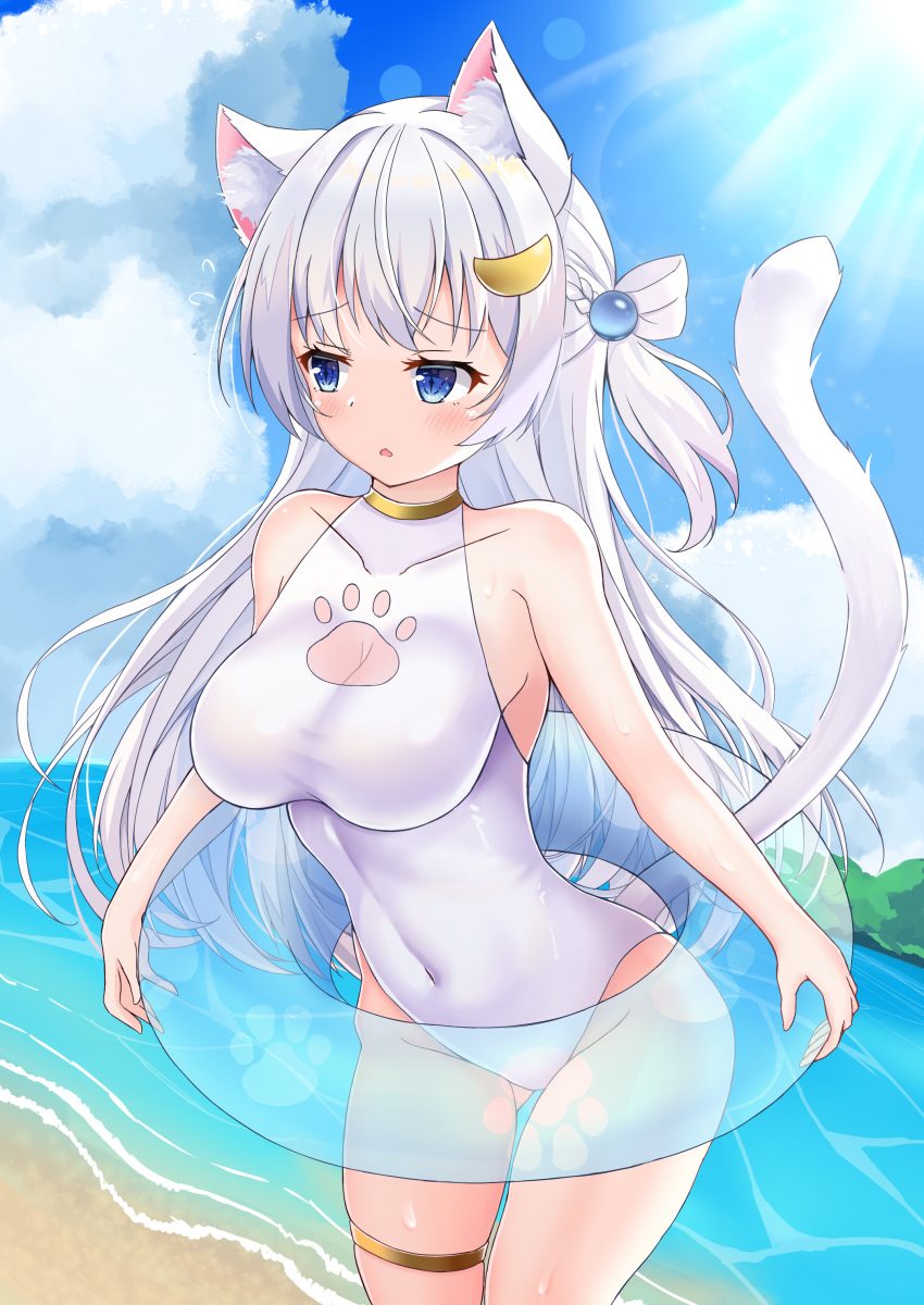 1girl absurdres animal_ears blue_eyes blue_sky breasts casual_one-piece_swimsuit cat_ears cat_tail clouds commentary_request covered_navel day highres horizon innertube kurashina_yuzuki medium_breasts ocean one-piece_swimsuit one_side_up original outdoors paw_print sky solo sun swimsuit tail turtleneck water white_hair white_swimsuit