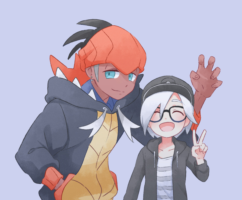 2boys akasaka_(qv92612) aqua_eyes baseball_cap black-framed_eyewear black_hair black_hoodie claw_pose closed_mouth commentary_request dark_skin dark_skinned_male glasses hand_in_pocket hat long_sleeves male_focus multiple_boys open_mouth orange_headwear pokemon pokemon_(game) pokemon_swsh raihan_(pokemon) shirt smile striped striped_shirt tongue v victor_(pokemon) white_hair