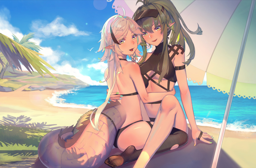2girls :d absurdres ahoge antenna_hair arknights arm_strap arm_support bangs bare_arms bare_shoulders beach beach_umbrella bikini black_bikini black_legwear blue_sky breasts chinese_commentary clouds commentary_request crocodilian_tail day eyebrows_visible_through_hair gavial_(arknights) hair_between_eyes heiyizhushenxia highres large_tail long_hair looking_at_viewer medium_breasts multiple_girls nail_art nail_polish navel no_shoes ocean open_mouth pointy_ears ponytail shadow sidelocks silver_hair sitting sky smile stomach swimsuit tail thigh-highs thighs tomimi_(arknights) umbrella visor_cap wariza water yellow_eyes yuri