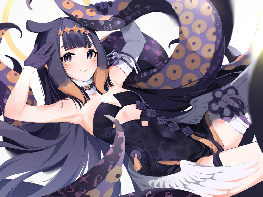 1girl arms_up bangs black_dress black_gloves blue_eyes blunt_bangs breasts covered_navel dress gloves grabbing halo headpiece hololive hololive_english long_hair looking_at_viewer lying mania_(fd6060_60) mole mole_under_eye ninomae_ina'nis on_back pointy_ears purple_hair sidelocks simple_background single_thighhigh small_breasts smile solo strapless strapless_dress tentacles thigh-highs virtual_youtuber white_background white_legwear wings