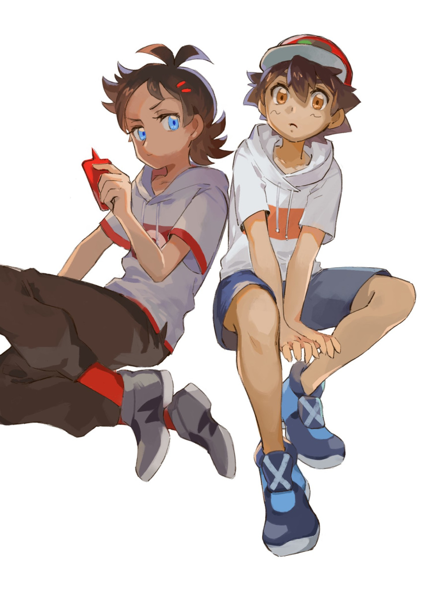 2boys ash_ketchum bangs baseball_cap blue_eyes brown_eyes brown_hair brown_pants closed_mouth commentary_request eyelashes gen_4_pokemon goh_(pokemon) grey_hoodie hair_between_eyes hat highres holding holding_phone looking_at_viewer male_focus multiple_boys nmgorila pants phone pokemon pokemon_(anime) pokemon_swsh_(anime) rotom rotom_phone shoes short_sleeves shorts sneakers white_background white_hoodie