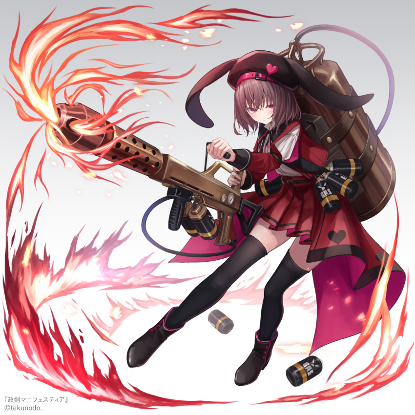 1girl bangs black_footwear black_legwear brown_hair eyebrows eyebrows_visible_through_hair hat heart highres holding holding_weapon konome_noi long_sleeves looking_at_viewer official_art pleated_skirt red_eyes seiken_manifestia shoes short_hair skirt sleeves solo thigh-highs weapon zettai_ryouiki