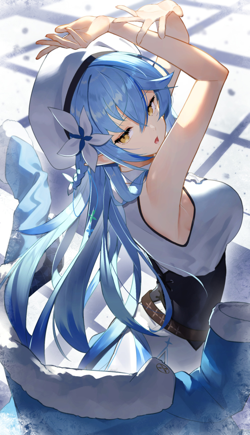 armpits arms_up belt beret blue_eyes blurry blurry_background breasts flower hair_between_eyes hair_flower hair_ornament hat highres hololive large_breasts long_hair looking_at_viewer looking_back pointy_ears sukocchi virtual_youtuber winter_clothes yellow_eyes yukihana_lamy