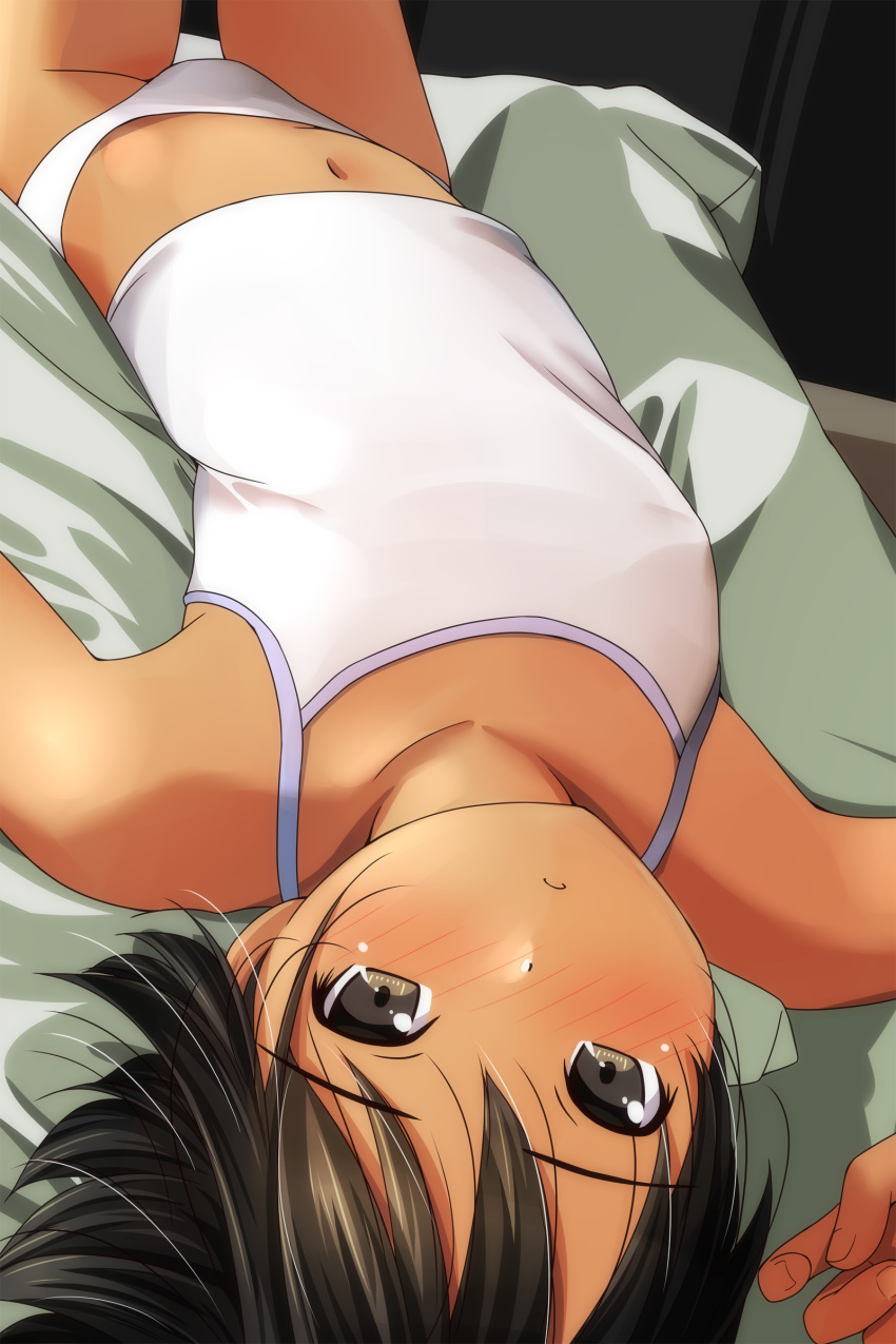 1girl absurdres arm_up bare_shoulders bed black_hair blush breasts brown_eyes camisole highres indoors legs_up looking_at_viewer lying matsunaga_kouyou navel nose_blush on_back original panties parted_lips small_breasts solo tan underwear white_camisole white_panties