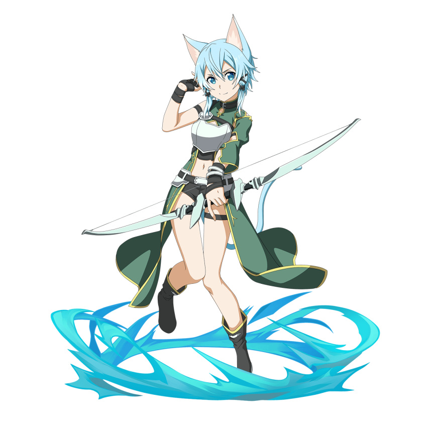 1girl animal_ears asymmetrical_sleeves black_footwear black_ribbon black_shorts blue_eyes blue_hair bow_(weapon) breastplate cat_ears closed_mouth detached_sleeves full_body green_sleeves hair_between_eyes hair_ribbon highres holding holding_bow_(weapon) holding_weapon long_sleeves looking_at_viewer midriff navel official_art ribbon shiny shiny_hair short_hair_with_long_locks short_shorts shorts sidelocks single_sleeve sinon_(sao-alo) smile solo standing standing_on_one_leg stomach sword_art_online sword_art_online:_code_register thigh_gap thigh_strap transparent_background weapon