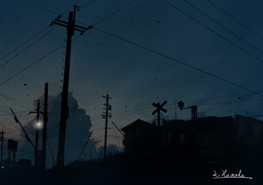 alu.m_(alpcmas) clouds dark house leaf no_humans original outdoors power_lines railroad_crossing scenery signature sky sunset telephone_pole town wind