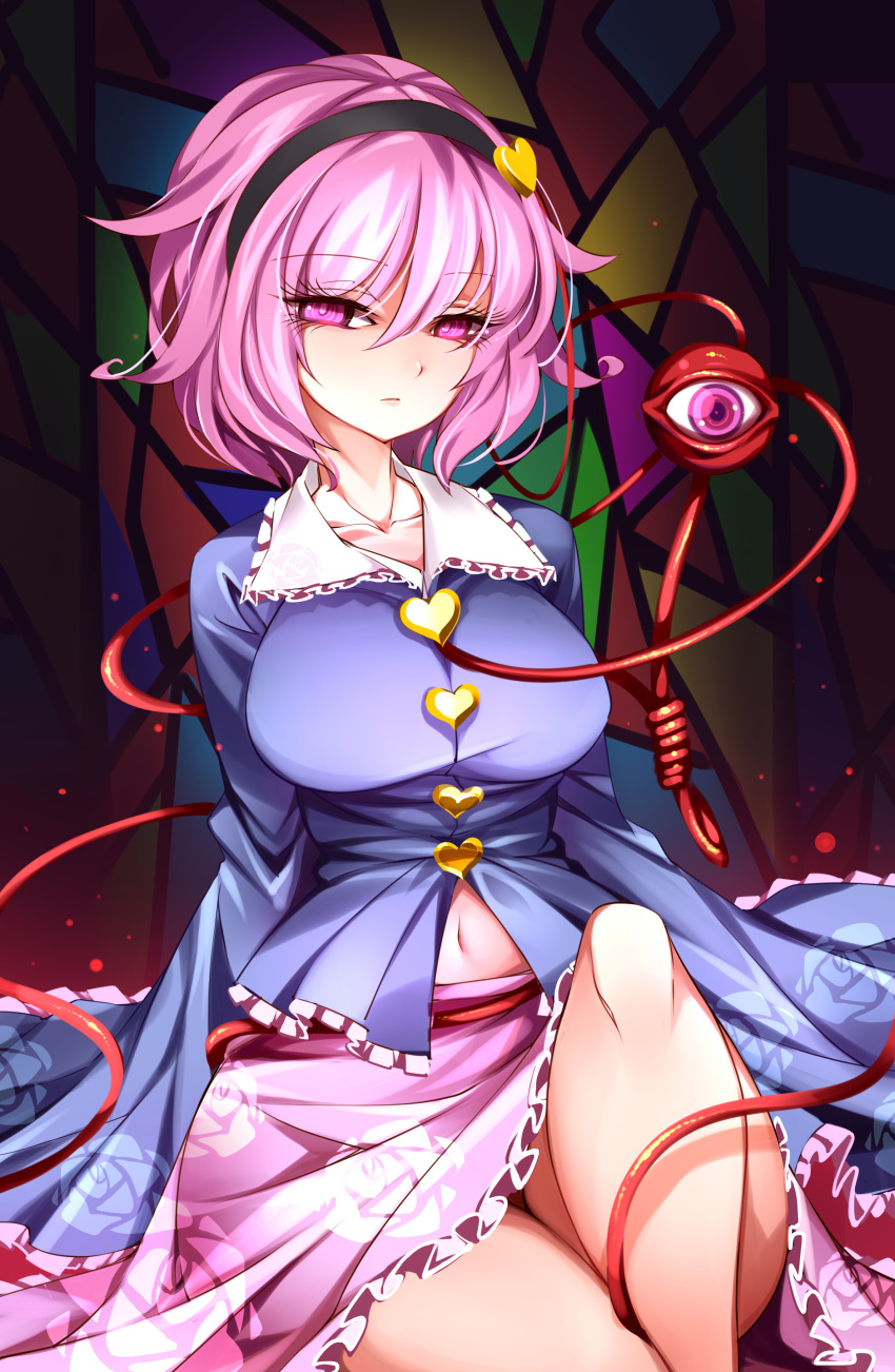 1girl absurdres bare_legs blue_shirt breasts closed_mouth collarbone eyebrows_visible_through_hair floral_print frills headpiece heart_button highres komeiji_satori large_breasts long_sleeves navel pink_hair raptor7 shirt short_hair sitting solo stained_glass thighs third_eye touhou unmoving_pattern violet_eyes wide_hips