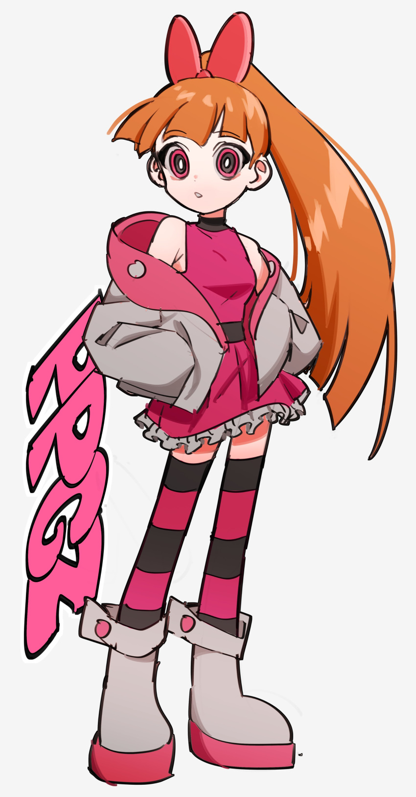 1girl :o absurdres akazutsumi_momoko copyright_name hands_in_pockets highres hyow long_hair looking_to_the_side orange_hair ponytail powerpuff_girls_z red_eyes solo thigh-highs