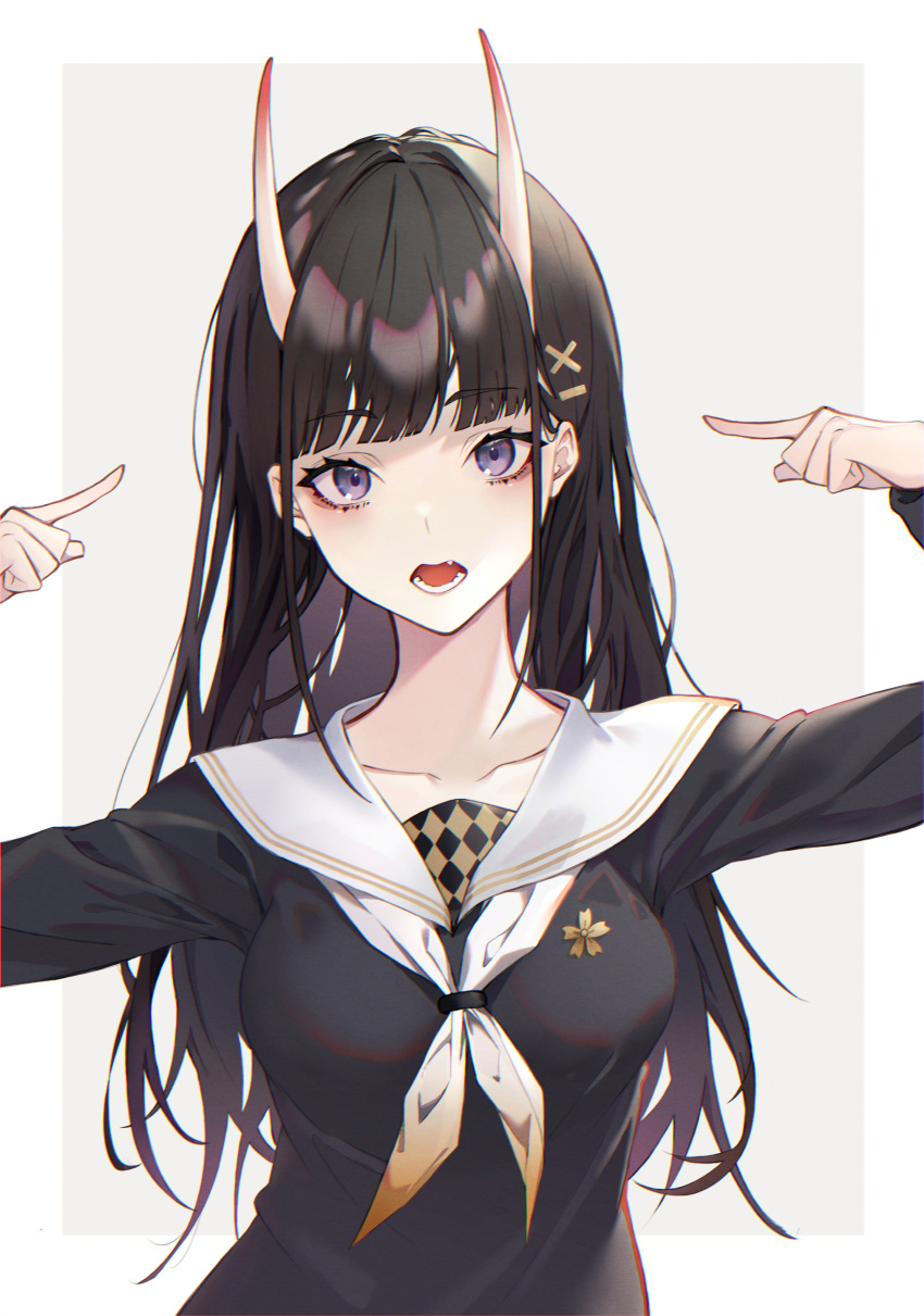 1girl absurdres azur_lane bangs black_hair blunt_bangs breasts brown_neckwear collarbone commentary_request eyelashes flower gradient grey_background hair_ornament hairclip hands_up highres horns kabi_(zcwd8845) long_hair long_sleeves looking_at_viewer medium_breasts neckerchief noshiro_(azur_lane) oni_horns open_mouth outside_border pointing pointing_at_self school_uniform serafuku solo two-tone_neckwear upper_body violet_eyes white_neckwear x_hair_ornament