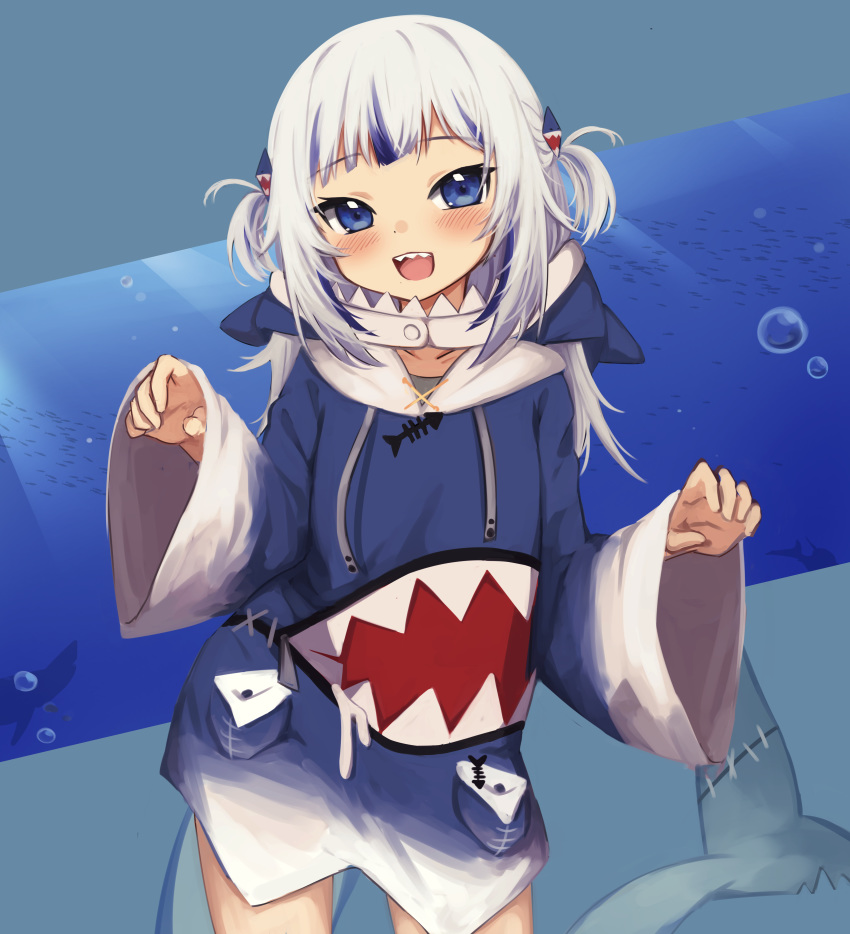 1girl :d absurdres blue_eyes blue_hair blush bubble collarbone commentary english_commentary fish gawr_gura head_tilt highres hololive hololive_english huge_filesize klaius looking_at_viewer open_mouth shark_costume shark_hair_ornament shark_hood shark_print shark_tail sharp_teeth silhouette sleeves_past_wrists smile solo standing symbol_commentary tail teeth two_side_up virtual_youtuber water white_hair wide_sleeves