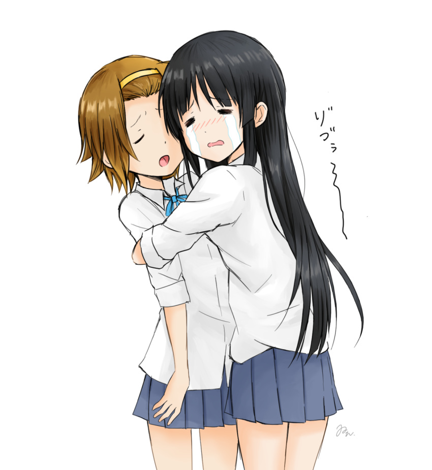 2girls akiyama_mio black_hair brown_hair closed_eyes crying een941 hairband highres hug k-on! long_hair multiple_girls open_mouth school_uniform short_hair signature standing streaming_tears tainaka_ritsu tears