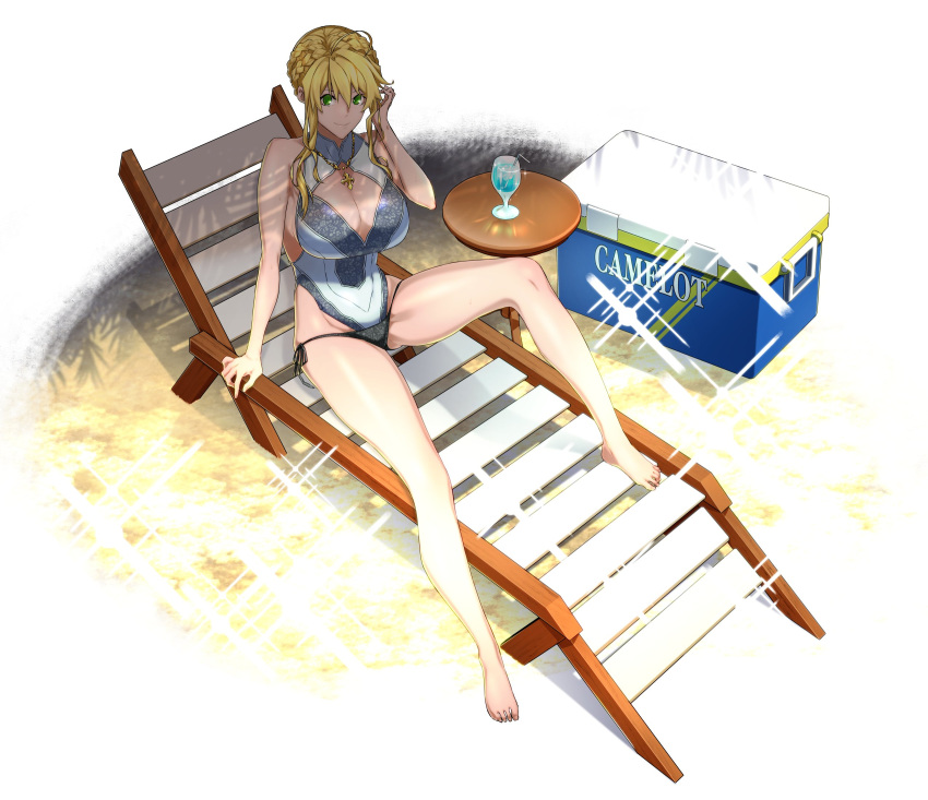 1girl ahoge artoria_pendragon_(all) artoria_pendragon_(swimsuit_ruler)_(fate) beach blonde_hair breasts chair cleavage_cutout cooler cup drinking_glass drinking_straw fate/grand_order fate_(series) green_eyes highres large_breasts lounge_chair one-piece_swimsuit sami_(object_dump) smile sparkle swimsuit