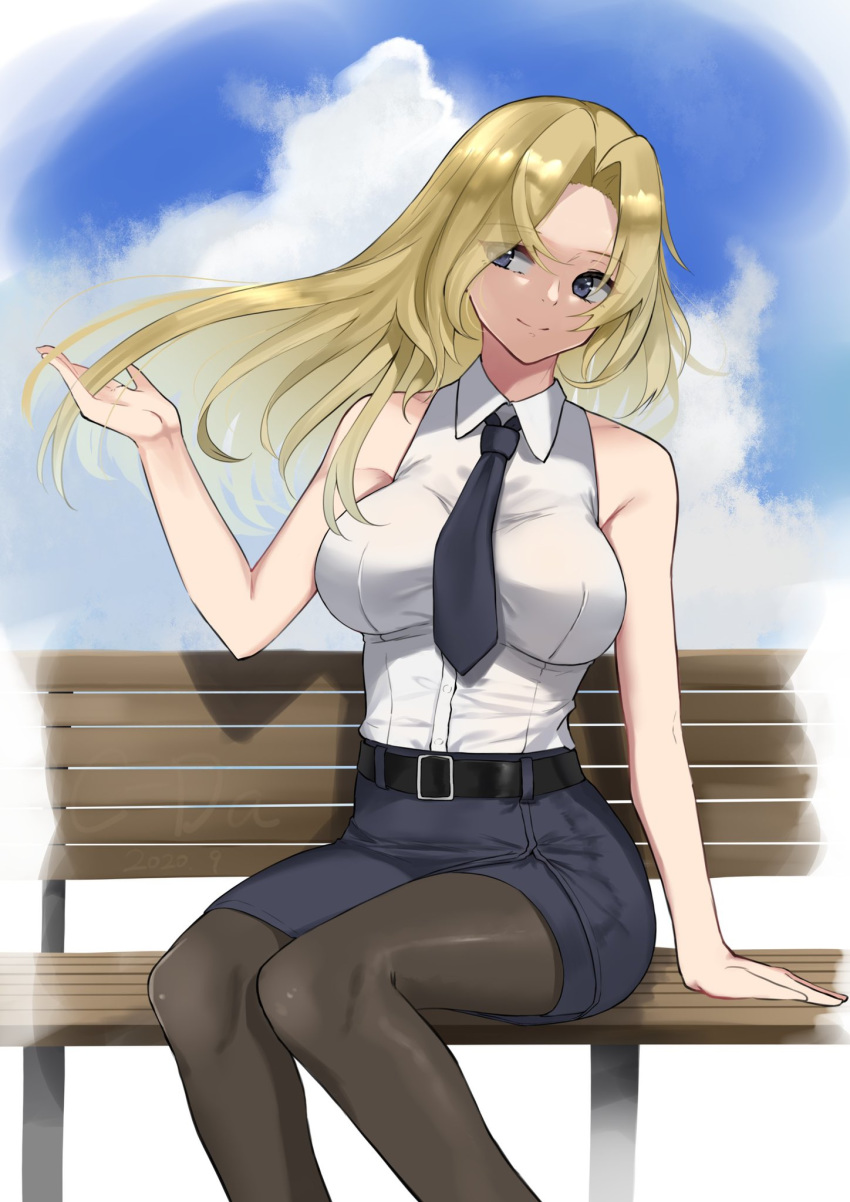1girl bench black_legwear blonde_hair blue_eyes blue_skirt breasts c-da clouds commentary_request highres hornet_(kantai_collection) kantai_collection large_breasts long_hair necktie off_shoulder pantyhose shirt sitting skirt sky sleeveless sleeveless_shirt smile solo white_shirt