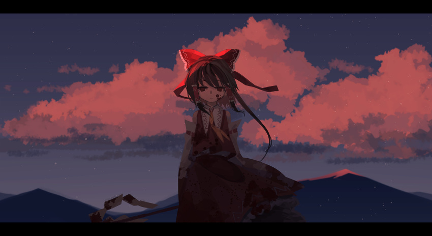 1girl akaiha_(akaihasugk) blood blood_on_face blood_splatter bloody_clothes bow brown_hair clouds dark detached_sleeves empty_eyes evening gohei hair_bow hakurei_reimu letterboxed mountain mountainous_horizon outdoors red_clouds short_hair skirt skirt_set sky solo sunset touhou twilight yellow_neckwear