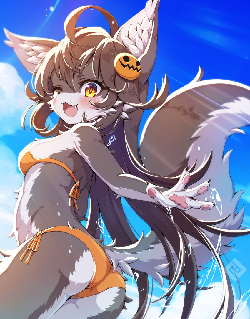 :3 ahoge animal_ear_fluff animal_ears ass bikini black_hair blush breasts brown_bikini brown_eyes clouds fang furry hair_ornament highres long_hair one_eye_closed ookami-chan_(tsuji) open_mouth original outdoors side-tie_bikini sky small_breasts smile swimsuit tail thighs tsuji wolf_ears wolf_tail