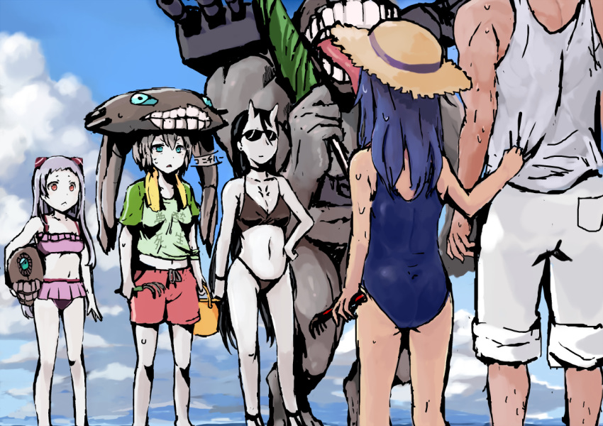 1boy 4girls :&lt; admiral_(kantai_collection) airfield_hime alternate_costume bangs battleship_hime bikini black_bikini black_hair blue_eyes blue_hair blue_swimsuit breasts bucket clam_digging closed_mouth clothes_writing clouds day grey_hair ha-class_destroyer hand_on_hip hat holding horns kantai_collection long_hair multiple_girls one-piece_swimsuit open_mouth outdoors pale_skin pink_bikini red_eyes shinkaisei-kan shirt shorts silver_hair sky sowamame straw_hat sunglasses sweat swimsuit tank_top teeth ushio_(kantai_collection) wo-class_aircraft_carrier