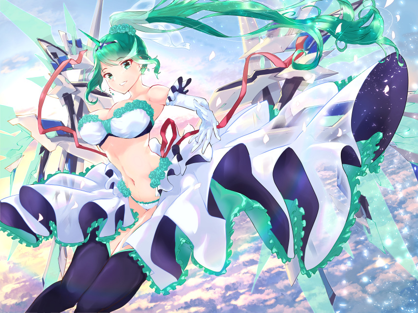 1girl absurdres breasts bridal_veil bride elbow_gloves gloves green_eyes green_hair highres horns huge_filesize large_breasts pneuma_(xenoblade) ponytail risumi_(taka-fallcherryblossom) single_horn swimsuit thigh-highs veil wings xenoblade_chronicles_(series) xenoblade_chronicles_2