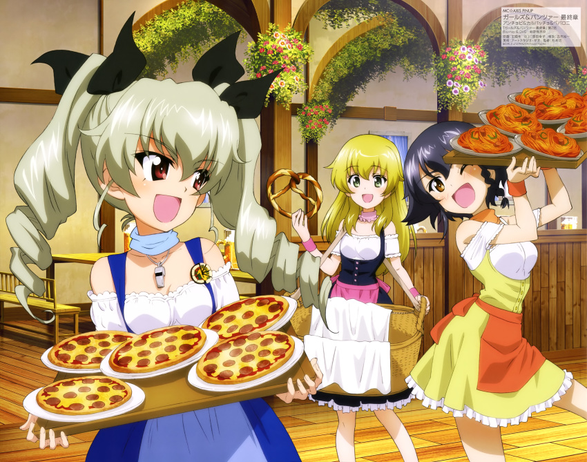3girls :d absurdres anchovy_(girls_und_panzer) anzio_(emblem) apron bangs black_dress black_hair blonde_hair blue_apron blue_dress braid brown_hair carpaccio_(girls_und_panzer) chair cheese cowboy_shot detached_collar dress drill_hair emblem eyebrows_visible_through_hair food girls_und_panzer green_eyes green_hair hair_ribbon hanging_plant highres holding holding_food holding_tray indoors mc_axis megami multicolored multicolored_clothes multiple_girls napolitan official_art one_eye_closed open_mouth orange_apron pasta pepperoni pepperoni_(girls_und_panzer) pink_apron pizza plate pretzel red_eyes ribbon sidelocks skirt skirt_lift smile spaghetti standing table tray twin_drills twintails waitress wang_guo_nian whistle whistle_around_neck wooden_floor wrist_cuffs