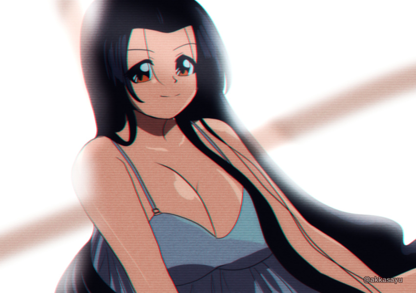 1girl absurdres akkasayu artist_name black_hair breasts brown_eyes english_commentary from_below highres large_breasts long_hair looking_at_viewer original smile solo tank_top under_covers