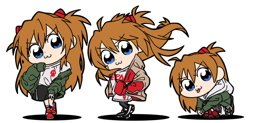 :3 :p bag bangs blue_eyes hair_between_eyes hair_ornament handbag highres jacket long_hair looking_at_viewer multiple_views neon_genesis_evangelion orange_hair parody poptepipic sasihmi shirt shoes simple_background sneakers souryuu_asuka_langley style_parody tongue tongue_out two_side_up