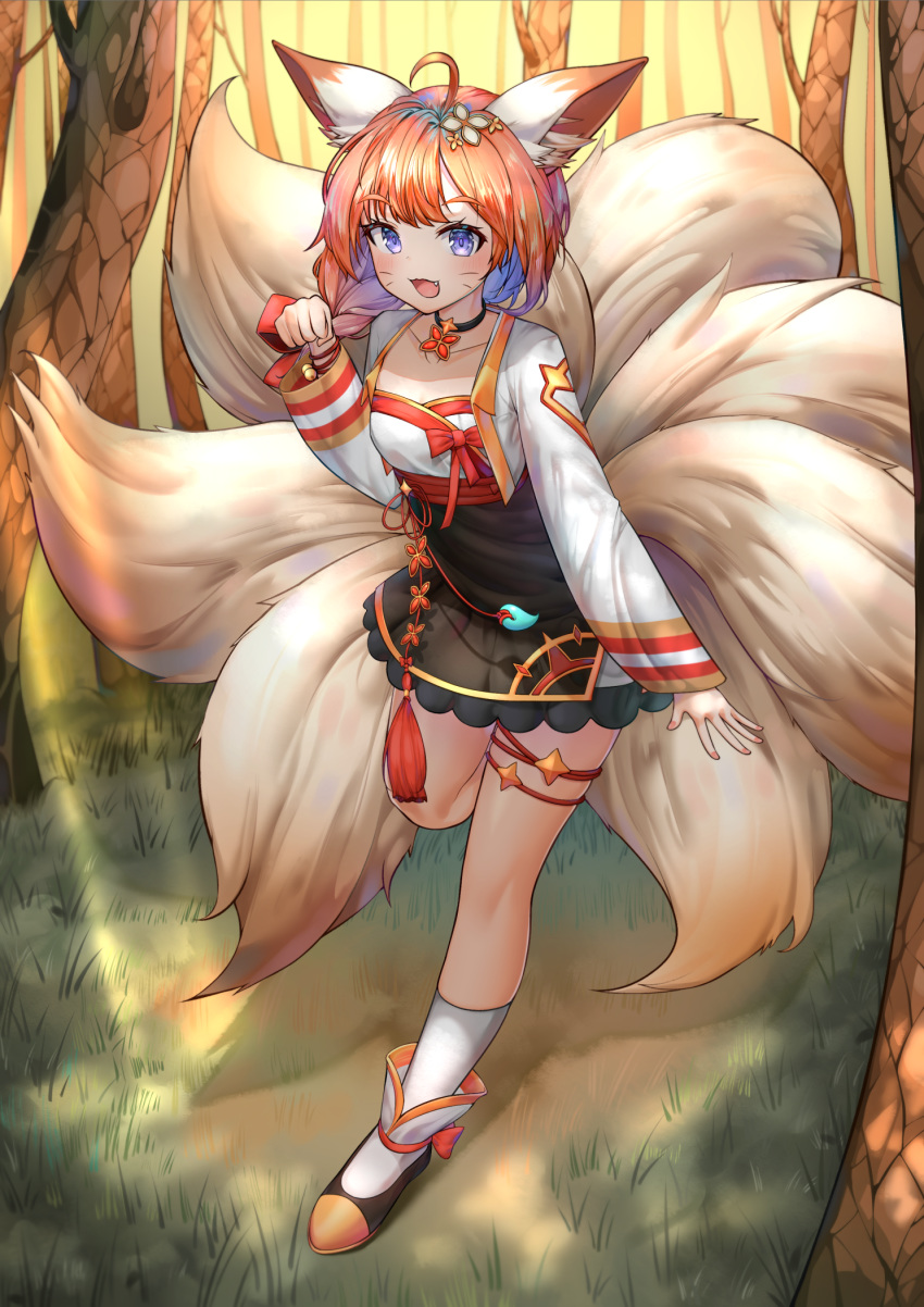1girl ahoge animal_ears black_choker braid choker day deaver forest fox_ears fox_tail full_body grass guardian_tales highres multiple_tails nature orange_hair outdoors paw_pose solo tail thigh_strap whisker_markings white_legwear