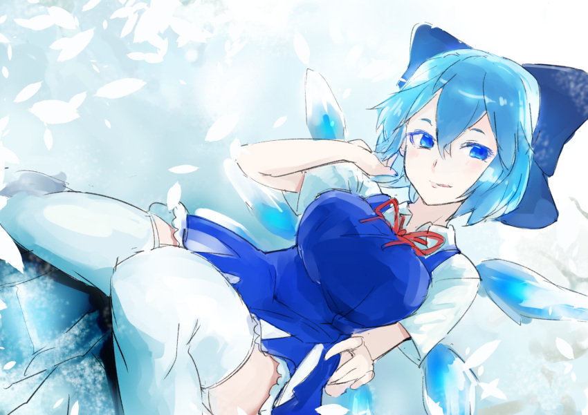 1girl blue_bow blue_eyes blue_hair bow breasts cirno commentary_request dutch_angle hair_between_eyes highres ice ice_wings licking_lips looking_at_viewer medium_breasts neck_ribbon older petals ribbon short_hair sinzan sitting skirt skirt_lift smile solo thigh-highs thighs tongue tongue_out touhou wariza white_legwear wings